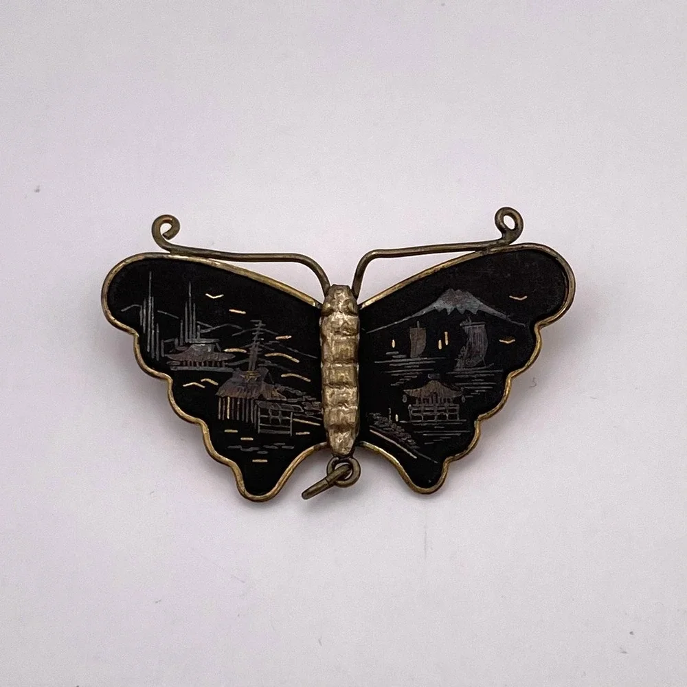 Vintage Damascene Brooch Japanese Butterfly Scenic Pin
